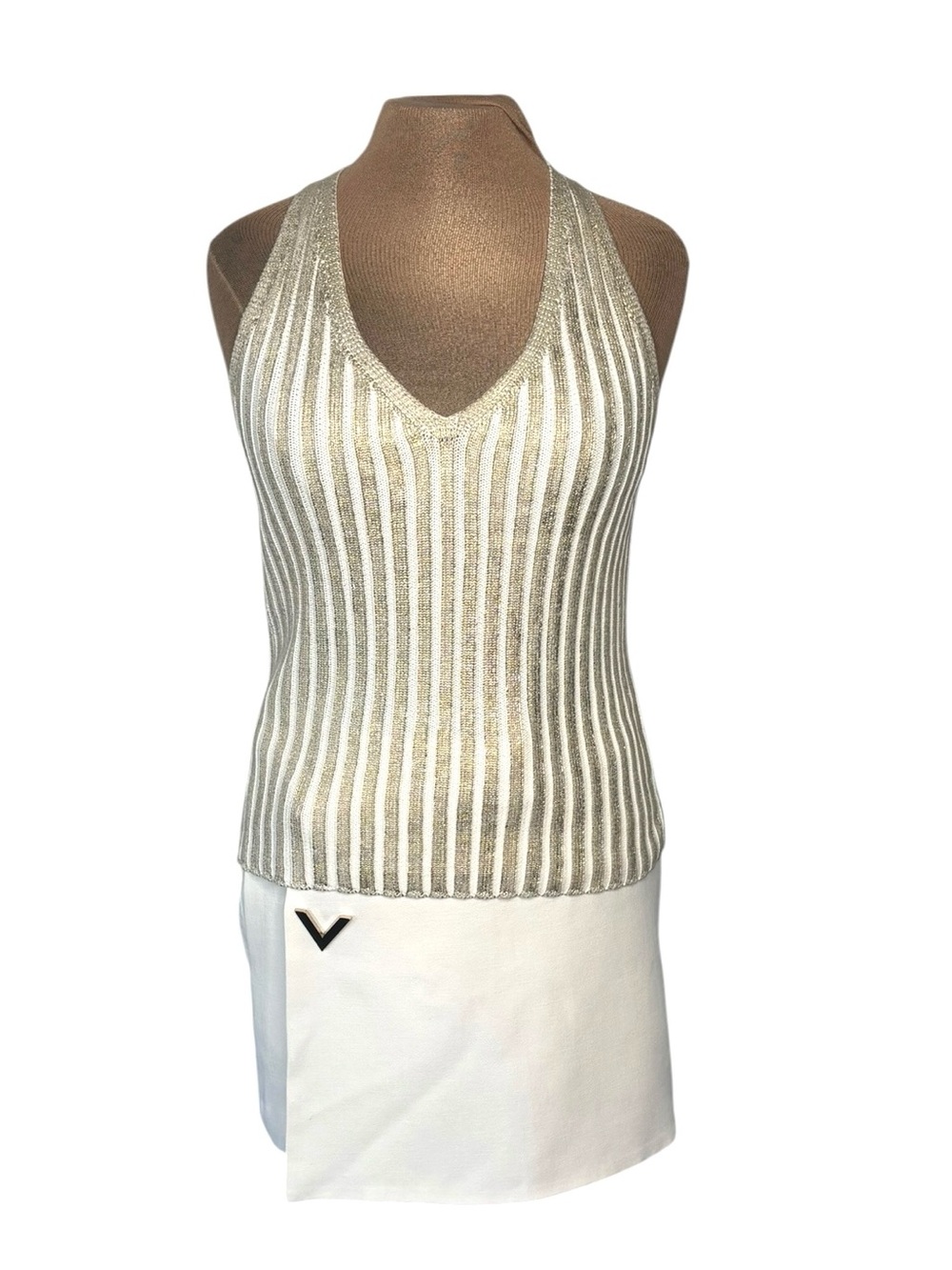 DKNY White and Gold Metallic Ribbed V-Neck knit Cotton Tank size Small